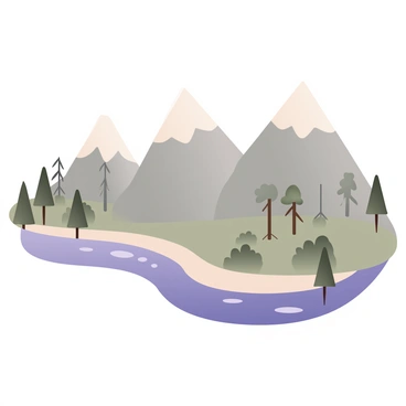 A digital flat illustration featuring "mountains" depicted with sharp peaks in shades of gray and white, rising prominently in the background. In the foreground, a "river" flows in a gentle curve, illustrated in various shades of blue with hints of reflection from the sky. Alongside the river, clusters of "trees" with green foliage are scattered, some taller with thin trunks and others shorter and bushier. The overall layout emulates the margins of a "nature journal," with the elements arranged as though they are hand-drawn, giving a naturalistic and cohesive aesthetic.