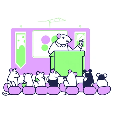 A rat is standing at a podium in a conference room. The podium is elevated, and the rat is gesturing with its right paw while speaking. In front of the podium, there is a group of attentive rats seated in rows, all of varying sizes and fur patterns. Each rat is focused on the speaker, some with their ears perked up and others holding small notepads. The room is decorated with banners hanging on the walls, and there is a large screen behind the podium displaying an image that is not visible. The atmosphere conveys a sense of importance and engagement among the audience.