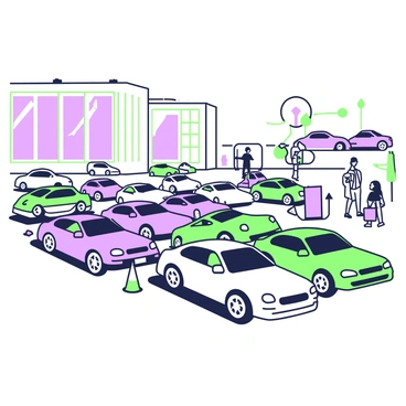 An office parking lot bustling with activity during rush hour. Multiple cars of various makes and models are pulling in and out swiftly, creating a dynamic scene. Some cars are parked at an angle while others are waiting in line to find an open spot. A few pedestrians are walking on the pavement, carrying briefcases and bags. The building adjacent to the parking lot is visible, with large glass windows reflecting the activity below. Traffic cones and directional signs are positioned throughout the area to guide vehicles.