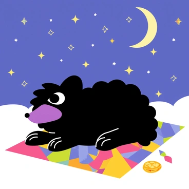 A niffler with fluffy black fur and a long snout is lying comfortably on a colorful blanket spread out on the ground. The blanket features various geometric patterns in vibrant colors. Above, the night sky is filled with twinkling stars and a bright crescent moon casting soft light. The niffler has its eyes wide open, gazing up at the shining stars, capturing a sense of wonder and curiosity. A few small treasures like shiny coins and gems are scattered playfully around the niffler on the blanket.