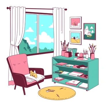 A cozy home studio features a large window allowing natural light to fill the space. The window has soft white curtains gently flowing in the breeze. Various art supplies are organized on a vibrant teal shelf, including paintbrushes, tubes of paint, and sketchbooks. On the walls, several colorful illustrations are neatly framed, showcasing a mix of styles and subjects. A comfortable chair sits in the corner, inviting creativity and relaxation. The floor is covered with a warm, textured rug, adding to the inviting atmosphere of the studio.