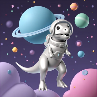 A dinosaur, resembling a Tyrannosaurus rex, is wearing a shiny, silver space suit that is detailed with various buttons and patches. The dinosaur's head is slightly tilted, showcasing its sharp teeth and inquisitive eyes through a transparent helmet. It is gracefully floating in space, surrounded by a vibrant array of colorful stars and planets. The background features a large, blue planet with rings, while smaller celestial bodies in shades of red, green, and yellow dot the scene, enhancing the cosmic atmosphere.