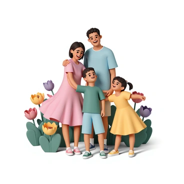 A cheerful family of four standing together in a park. The father is wearing a light blue shirt and khaki shorts, smiling widely. The mother is dressed in a bright pink dress with fluttering sleeves, standing close to her husband with an arm around his waist. A young boy, wearing a green t-shirt and denim shorts, is playfully leaning against his mother while grinning. The girl, with pigtails and a yellow summer dress, is holding her father's hand and looking up at him with joy. The park is filled with blooming flowers in various colors, including red roses, yellow daisies, and purple tulips, creating a vibrant backdrop.
