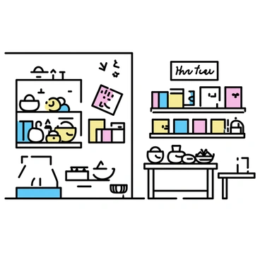 A small shop interior filled with "unique artistic souvenirs." The space has wooden shelves displaying "illustrated postcards" in various designs, all neatly arranged by color. On a table, there are "handmade crafts" such as pottery and woven baskets. Soft lighting highlights the details of each item, giving the shop a warm and inviting atmosphere. A small sign on the wall reads "Artistic Souvenirs" in simple lettering.