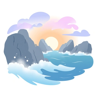 Rugged ocean cliffs rise dramatically from the shoreline, their surfaces textured and weathered. Below, powerful waves crash against the rocks, creating frothy white spray that contrasts with the deep blue of the water. Above, a colorful sunset paints the sky in gradient pastel colors, blending hues of orange, pink, and purple. The clouds are lit by the setting sun, casting soft reflections on the ocean surface. The scene captures the raw beauty of nature at twilight.