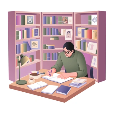 An individual sitting at a wooden table in a quiet library corner, surrounded by tall bookshelves filled with various books. The individual has short black hair and is wearing round glasses, focused on writing notes in a notebook with a pencil. There are open books scattered around the table, some with colorful bookmarks sticking out. A small desk lamp provides warm light, casting a soft glow over the workspace. A coffee cup sits nearby, alongside a stack of notebooks and a pen. The walls of the library are adorned with framed classic literature covers.