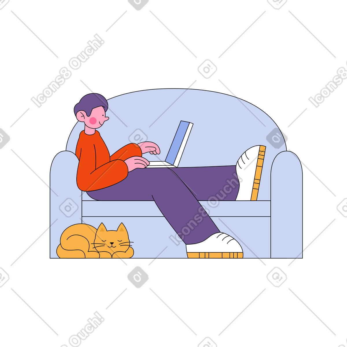 Ilustración Hombre sentado en el sofá con una computadora portátil estilo Bloom a descargar PNG y SVG