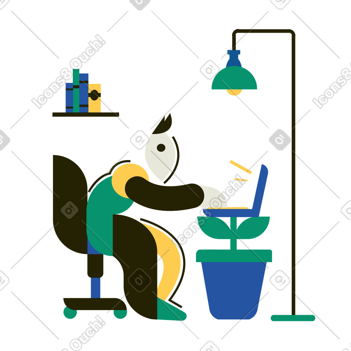 Uomo che lavora su un laptop alimentato da energia verde illustrazione in stile Spot scarica in PNG, SVG