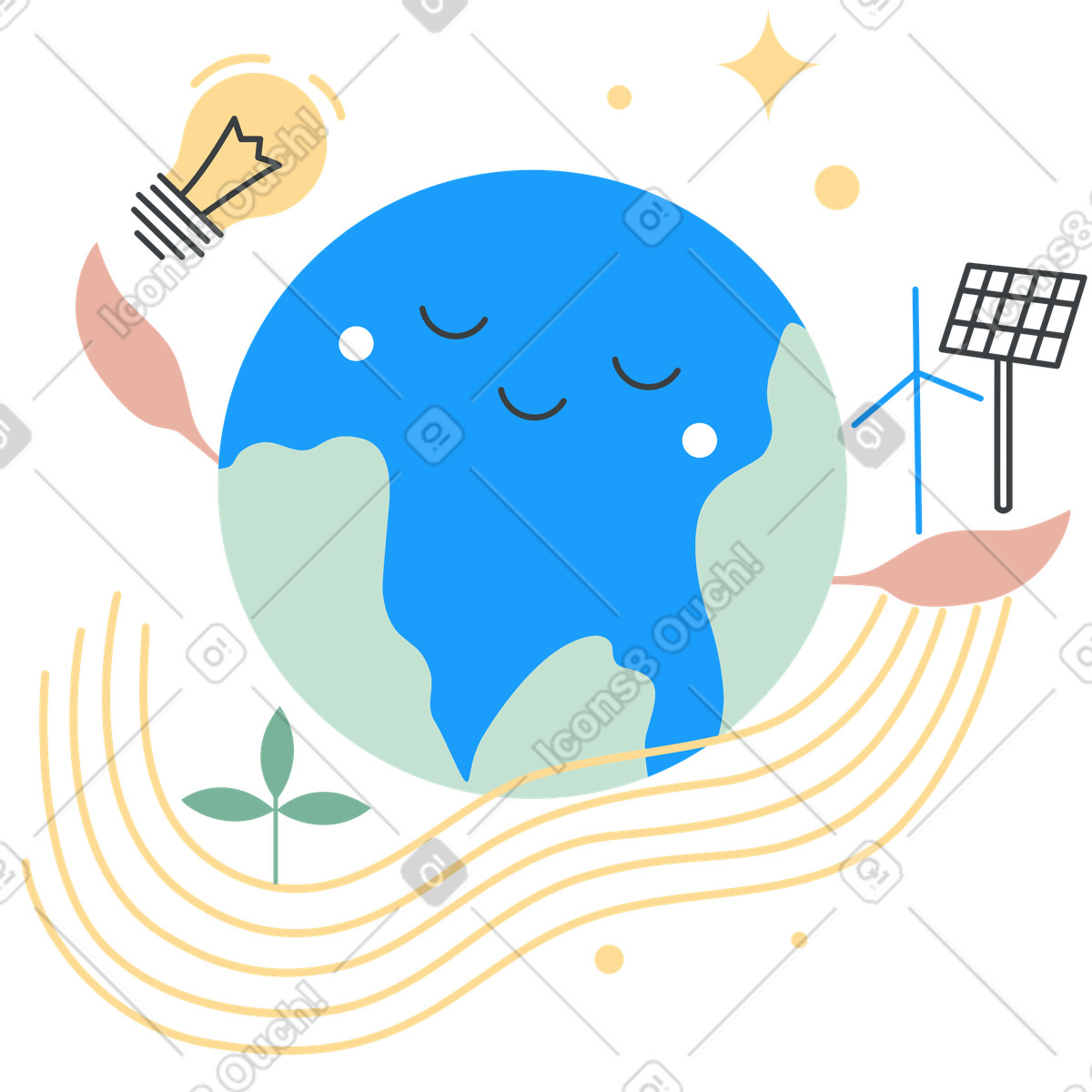 下载 Kiddo 风格的 Earth with solar panel, windmill, and lightbulb, Green energy sustainability 插画，支持 PNG、SVG 格式