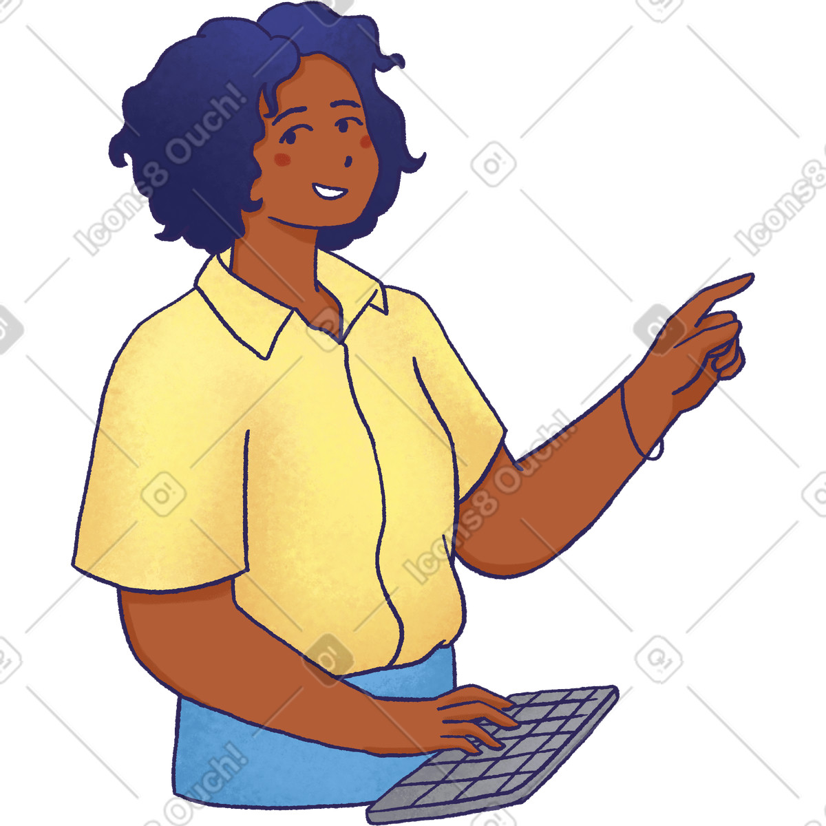 下载 Hue 风格的 Woman with keyboard pointing at something 插画，支持 PNG、SVG 格式