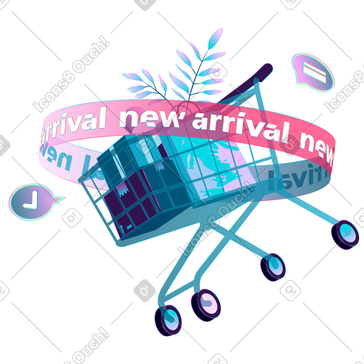 Ilustração de Shopping trolley with packages, New arrival promo and store update em no estilo Neon para baixar em PNG, SVG