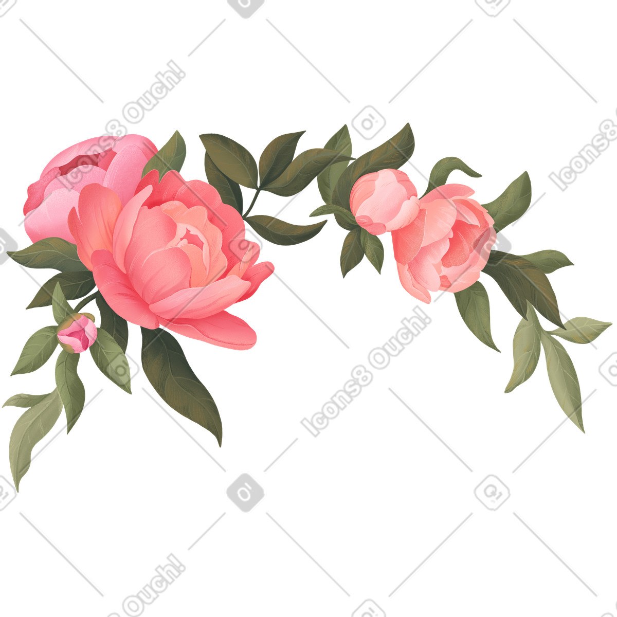 Semicircular corner composition with peonies among green leaves illustration in Floral style download in PNG, SVG