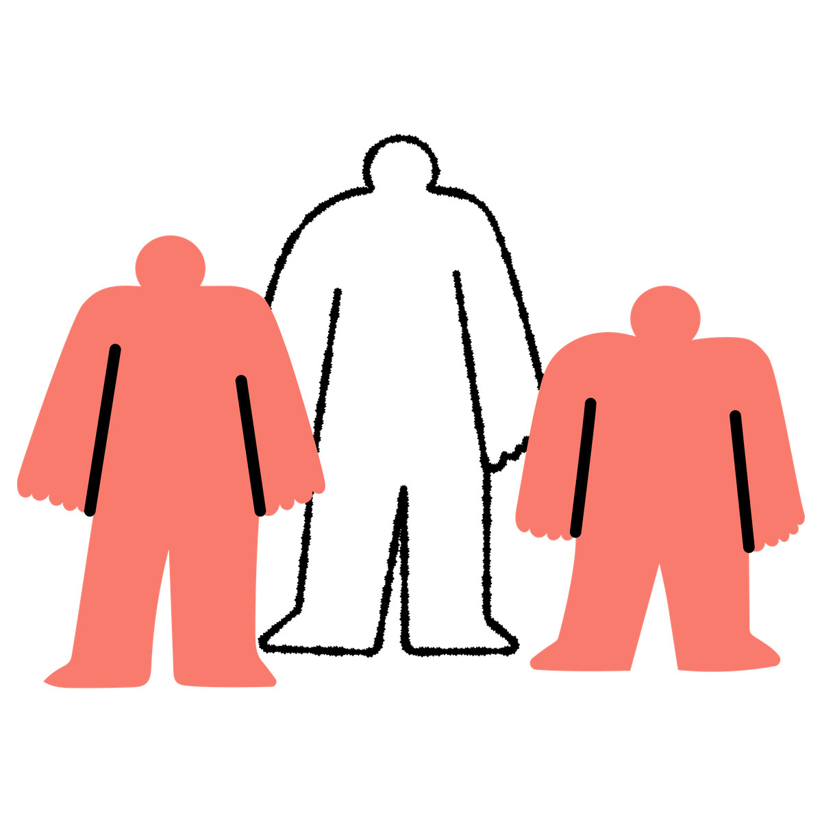 Bold People 스타일의 중앙 윤곽선 인물과 두 명의 실체화된 동반자로 구성된 실루엣 그룹 일러스트레이션 PNG, SVG 다운로드
