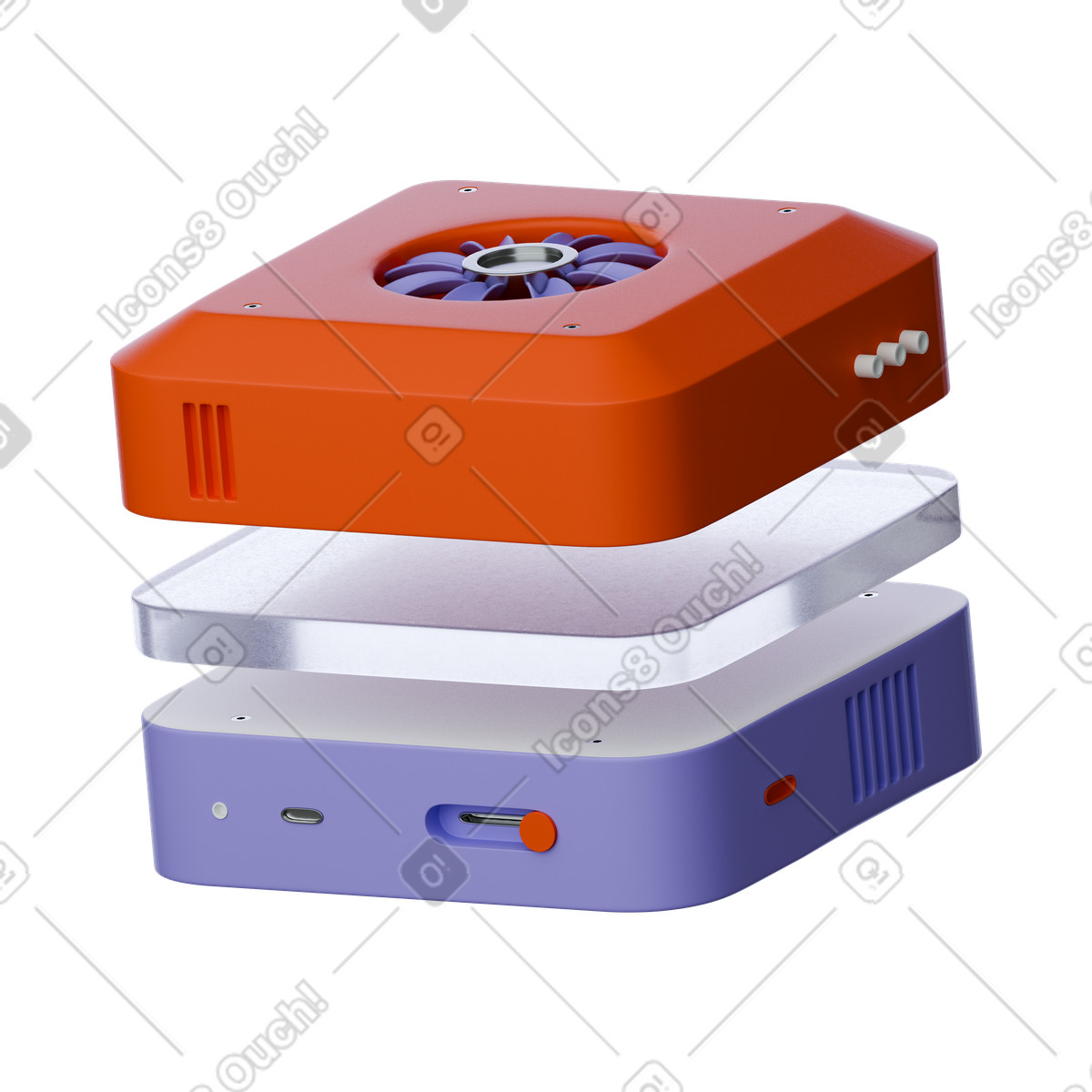 Purple, white and orange modular power strip stack, Extension socket blocks, Electrical device render illustration in 3D Product style download in PNG, SVG