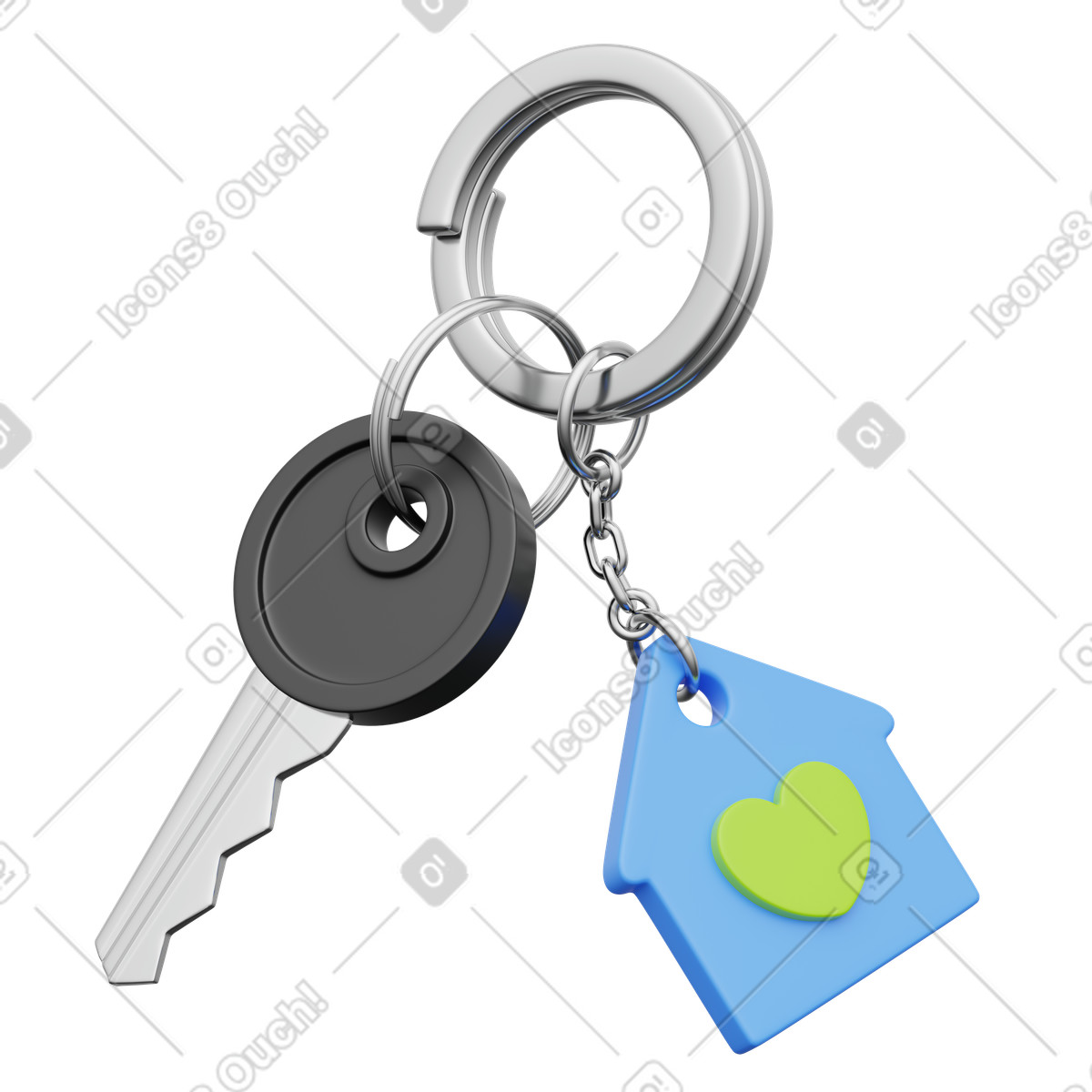Key and house shaped charm with heart, real estate property ownership illustration in 3D Playful style download in PNG, SVG