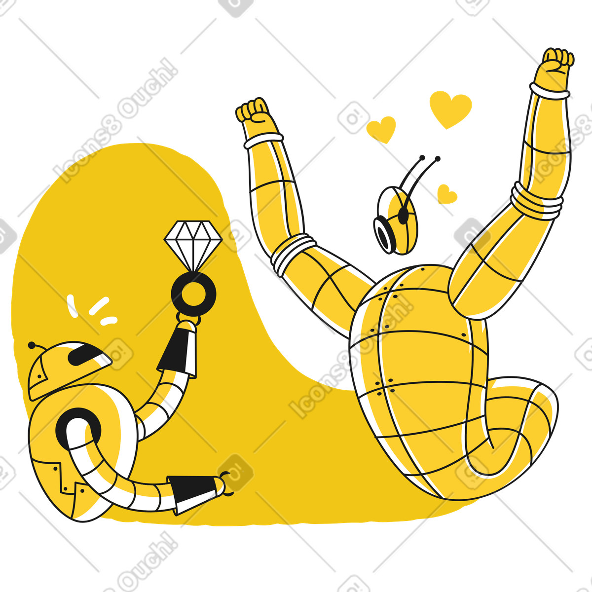Ilustración Robot proponiéndole matrimonio a otro con anillo de diamantes en estilo Taxi descargar en PNG y SVG