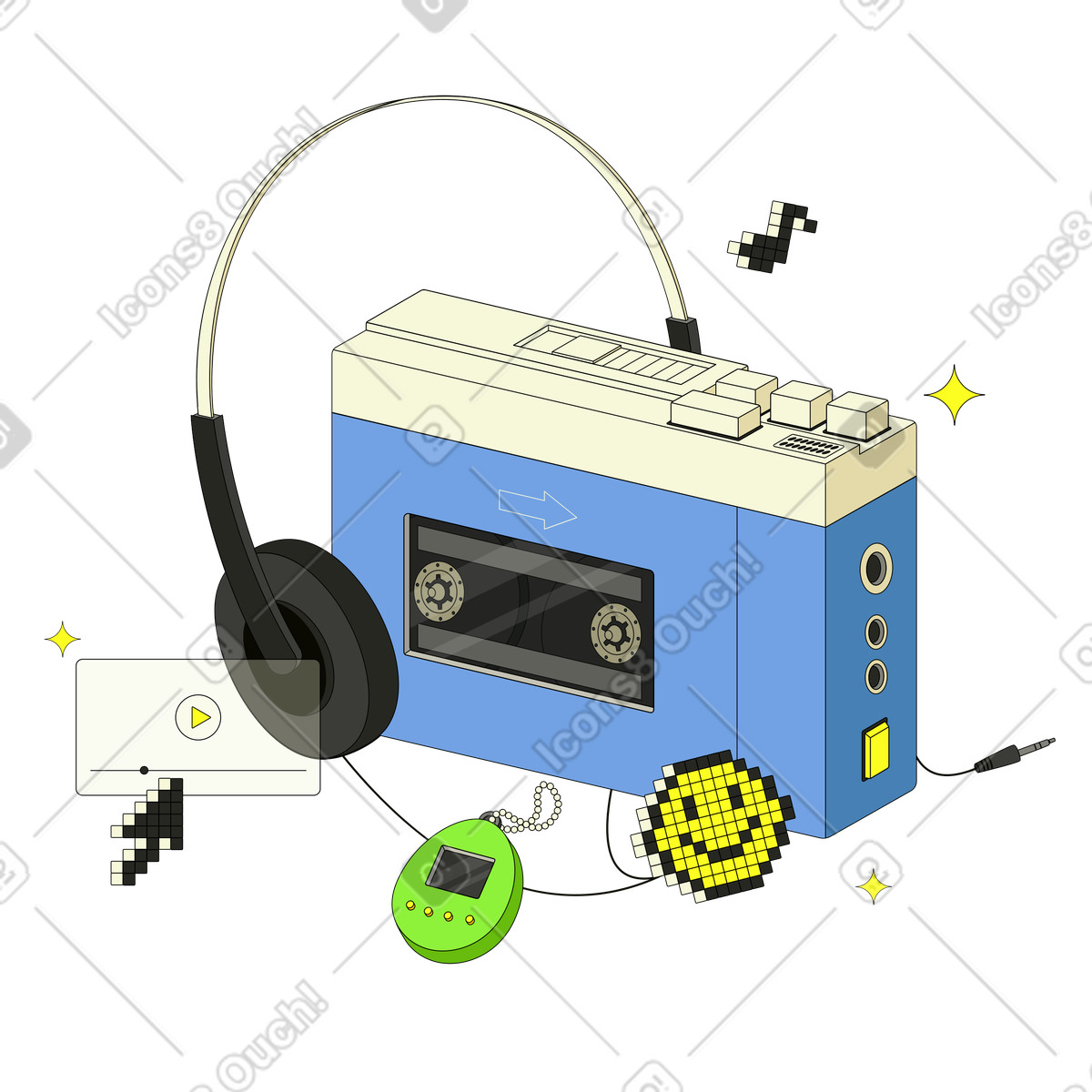Retro cassette music player from the 90s illustration in style download in PNG, SVG