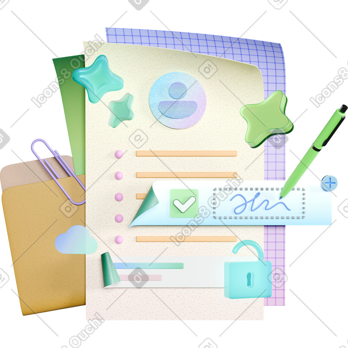 Ilustración Document digital signature with pen checkmark and security padlock icon en estilo 3D Business a descargar en PNG y SVG