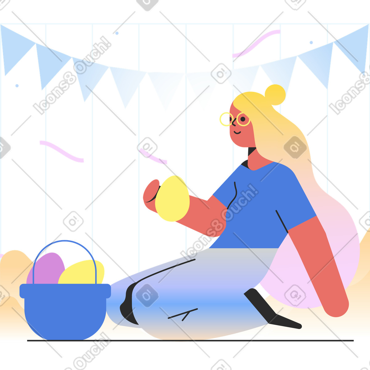 Frau sitzt auf dem boden und feiert ostern-Illustration im Marginalia-Stil als Download in PNG, SVG
