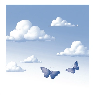 A bright blue sky filled with fluffy clouds. The clouds are shaped like butterflies, with distinct wing patterns and rounded bodies. They are drifting gently across the sky, casting soft shadows on the landscape below. The sunlight illuminates the clouds, highlighting their unique forms as they move gracefully with the breeze.