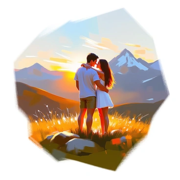 A couple is embracing on a grassy hilltop, with their arms wrapped around each other. The man has short dark hair and is wearing a light blue shirt, while the woman has long flowing brown hair and is dressed in a white sundress. They stand close together, gazing into each other's eyes. In the background, there is a stunning mountain range with snow-capped peaks under a clear blue sky. The sun is setting, casting a warm golden hue over the landscape, highlighting the contours of the mountains and the green hills surrounding the couple.