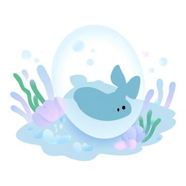 A baby flounder is emerging from a translucent egg nestled on the ocean floor. The egg is surrounded by fine sand and small pebbles, creating a natural habitat. Soft coral formations and green seaweed provide additional detail in the background. Bubbles are gently rising around the egg, indicating movement in the water. Light filters down from the surface, casting a soft glow on the scene.