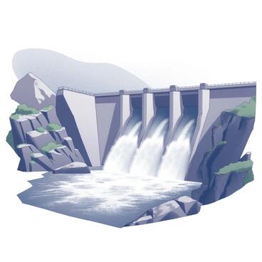 A large hydroelectric dam stands tall against a backdrop of rugged terrain. The structure features a series of large, concrete arches that support the massive weight of the water. Water rushes forcefully through the turbines, creating a dynamic flow that cascades downwards. The turbines are visibly turning, illustrating the powerful energy conversion process. Surrounding the dam, there are rocky cliffs and patches of greenery, which add to the scene's natural beauty. The sky above is clear, allowing sunlight to illuminate the dam and the rushing water.