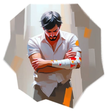 An injured figure stands in a dimly lit environment, their expression a mixture of pain and resilience. The figure is wearing a torn shirt, and a large bandage is wrapped around their arm, visibly soaked with blood. The bandage is a stark white against the darker hues of the surrounding area, drawing attention to the injury. The figure's other hand is pressed against the bandage, as if trying to staunch the flow, while their eyes are focused, conveying determination despite the circumstance. The atmosphere around them is tense, hinting at a recent struggle or calamity.