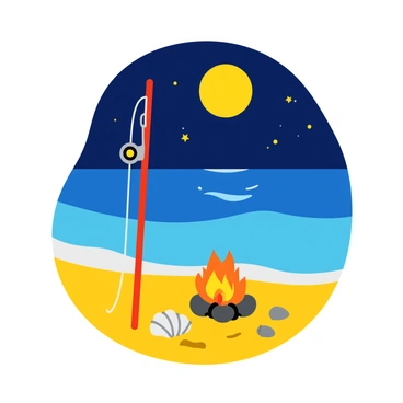 A fishing rod with a bright red handle is stuck upright in the soft, golden sand. Next to the rod, there is a small campfire crackling with orange and yellow flames, illuminating the surrounding area. The fire casts warm light on a few scattered stones and a half-buried seashell nearby. The night sky above is a deep navy blue, dotted with twinkling stars, and a large, glowing moon hangs low, reflecting on the gentle waves lapping at the shore.