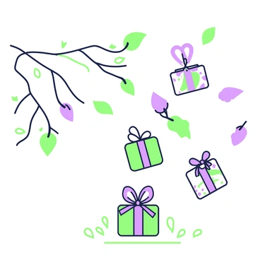 A gentle wind is blowing through an open area, stirring a variety of leaves in motion. The leaves are gradually transforming into small, wrapped gifts, each with a ribbon. Some gifts are falling to the ground, while others are being carried away by the wind. The scene captures the essence of change, with a few leaves still attached to branches, swaying gently. The gifts vary in shapes and sizes, creating a sense of abundance and generosity in the air.