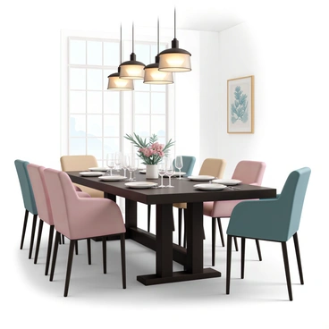 A spacious dining area featuring a large rectangular table made of dark wood, set for dinner with elegant white plates, shining silver cutlery, and wine glasses. Plush, upholstered chairs surround the table, showcasing a mix of colors. Above the table, there are stylish hanging light fixtures with warm, soft lighting, creating a cozy ambiance. The walls are adorned with tasteful artwork, and a large window allows natural light to stream in, complementing the inviting atmosphere. A vase with fresh flowers sits in the center of the table, adding a touch of color and freshness to the setting.