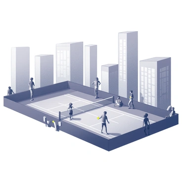 A tennis court situated in an urban setting, surrounded by tall, high-rise buildings. The court has a net strung across the center and is marked with white lines. Several players are engaged in a match, showcasing various athletic poses as they hit the tennis balls. Spectators are present along the sides of the court, watching the game intently. The scene captures the energy and activity of the city life surrounding the court, with the buildings towering in the background.