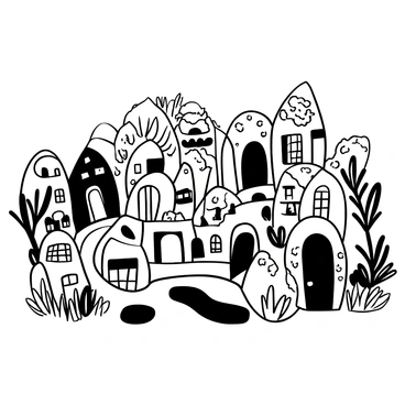 A tiny village constructed from painted eggshells, each eggshell featuring intricate patterns. The eggshells are arranged closely together, with small windows and doors carved into their surfaces. Each door is slightly ajar, revealing tiny, detailed interiors. Lush greenery surrounds the village, with small tufts of grass peeking out between the eggshells. Small paths meander through the village, leading to a larger eggshell that serves as a communal space, adorned with decorative elements.