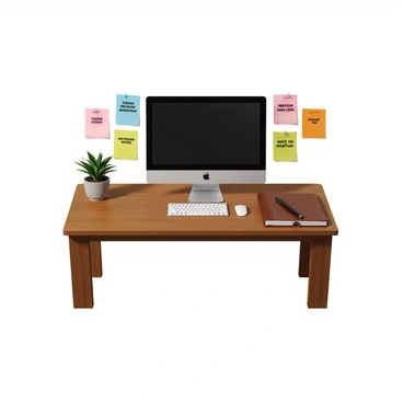 A tidy office desk with a polished wooden surface. There is a modern computer with a sleek monitor and a wireless keyboard positioned in the center. To the right of the computer, a leather-bound planner sits open with a pen resting on top. Colorful sticky notes are attached to the sides of the monitor, each displaying various "motivational quotes" in bold lettering. A small desk plant adds a touch of greenery to the left side of the desk. The overall arrangement is organized and visually appealing.