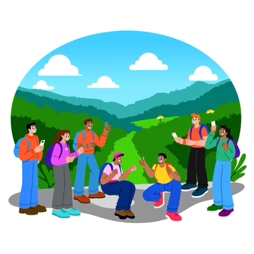 A group of friends on a scenic nature hike, taking in the views and snapping photos