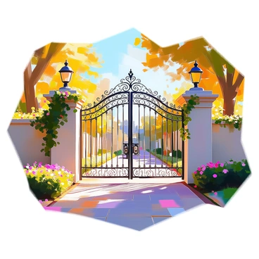 An ornate gate stands tall, serving as the entrance to a private neighborhood. The gate is crafted from wrought iron, featuring intricate scrollwork and decorative motifs. It is flanked by tall stone pillars adorned with climbing vines and blooming flowers. A warm afternoon light casts gentle shadows, highlighting the details of the gate's design. A well-manicured pathway leads from the gate into the neighborhood, lined with lush greenery and vibrant flowerbeds. A serene atmosphere surrounds the entrance, inviting visitors into the community.