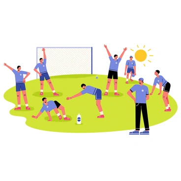 A group of athletes in matching uniforms performing a series of stretches on a green grass field. The team consists of both male and female members, displaying diversity in appearance. Some players are stretching their arms overhead, while others are bending to touch their toes. A few are engaging in leg stretches, using a fence as support. The sun is shining brightly, casting distinct shadows on the ground. Water bottles are scattered around, and a coach is watching them closely, encouraging the warm-up.