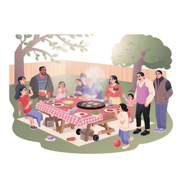 A digital flat illustration depicting a family gathering in a backyard. In the center, there is a barbecue grill with smoke rising from it, surrounded by various grilling items like sausages and vegetables. A large picnic table is set nearby, adorned with a red and white checkered tablecloth, filled with plates of food and drinks. Several adults are seated at the table, engaging in conversation. Children are playing joyfully on the grass, with one child flying a colorful kite, while another child is playing catch with a red ball. The background features a fence adorned with flowers, and tall trees provide shade over the scene. Sunlight filters through the leaves, creating a cheerful atmosphere.