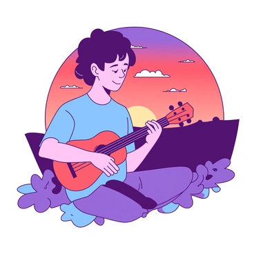 A person with short brown hair is sitting on a grassy hilltop, playing a ukulele. The ukulele is a natural wooden color, and the person is wearing a light blue shirt. The sunset in the background features vibrant shades of red and orange, blending into gentle hues of purple as the sun dips below the horizon. A few fluffy white clouds are illuminated by the sunset colors, creating a picturesque scene. The person appears relaxed, focused on their music while enjoying the view.