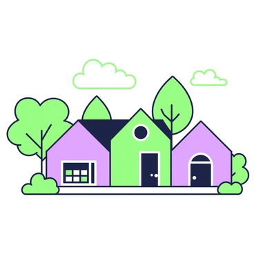 A small village is depicted with several flat houses arranged close together. Each house features a distinctive, simplistic pattern, adding variety to the scene. The houses are designed in a way that showcases their colorful exteriors. In the background, trees are present, each illustrated with its own unique pattern, contributing to the village's charm. The setting creates a cohesive yet diverse landscape, highlighting the individuality of each structure and tree.