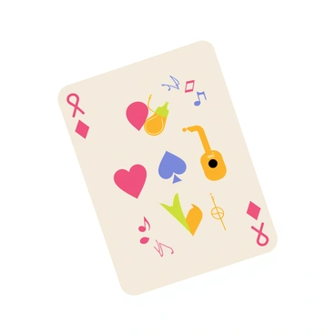 A playing card featuring a rectangular shape with rounded corners. The background of the card is a soft pastel color. The card's suit symbols—hearts, diamonds, clubs, and spades—are creatively integrated with musical notes and instruments. The heart symbol is adorned with flowing musical notes and a small violin, while the diamond symbol includes a shiny trumpet and treble clefs. The club symbol is embellished with a guitar and swirling notes, and the spade symbol features a saxophone surrounded by rhythmical lines. Each suit symbol is vivid and colorful, enhancing the card's overall visual appeal. The card is framed with a decorative border that complements the musical theme.