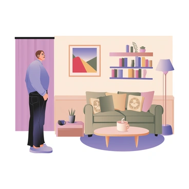 A person standing in a cozy living room, admiring a newly acquired painting that is hanging on the wall. The person is positioned to the left, with short brown hair and wearing a light blue sweater and dark jeans. The painting is colorful and depicts an abstract landscape with bold colors like red, yellow, and blue. To the right, there is a comfortable sofa with patterned cushions in shades of green and beige. A small coffee table in front of the sofa has a steaming mug and a small potted plant. The room is well-lit with a warm glow from a nearby lamp, and there are bookshelves filled with books in the background. The person has a look of appreciation on their face as they gaze at the painting.