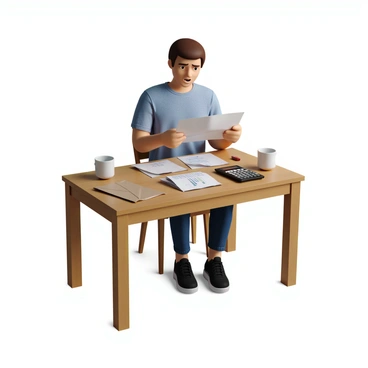 A person with light skin and short brown hair, sitting at a wooden table. They are wearing a blue shirt and jeans. In front of them, there are several open envelopes with utility bills, some of which have graphs and numbers visible. The person is holding one bill in their hands, looking closely at it with a worried expression on their face. A small calculator is also on the table, alongside a cup of coffee. Natural light is coming from a nearby window, illuminating the scene.