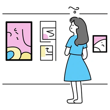 A woman named Sarah, with long brown hair and wearing a light blue dress, is standing in a modern art gallery. She is gazing thoughtfully at a large abstract painting with vibrant colors hanging on the wall. In the background, there are several frames of other modern artworks, each with different shapes and patterns. The gallery has white walls and a polished wooden floor, creating a clean and open atmosphere.