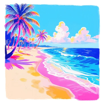 A sandy beach in Florida features soft, golden sand stretching along the shore. Tall palm trees with lush green fronds sway gently in the breeze. The gentle waves roll onto the beach, creating a rhythmic pattern as they lap against the shoreline. In the distance, there is a clear blue sky dotted with a few fluffy white clouds. Sunlight glistens on the surface of the water, enhancing the vibrant colors of the scene.