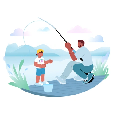 A child is standing at the edge of a wooden dock, ready to cast a fishing line into the calm waters of a tranquil lake. The child is wearing a bright cap and a t-shirt with a playful design. Beside the child, an adult is crouching down, helping to untangle a fishing line, dressed in comfortable outdoor clothing. Surrounding them are soft green reeds swaying gently in the light breeze. In the background, there are distant hills softly blending into the sky, which is painted in gradient pastel colors. The surface of the lake reflects these colors, creating a serene atmosphere. A fishing rod rests against the side of the dock, while a small bucket sits nearby, ready for any catch.