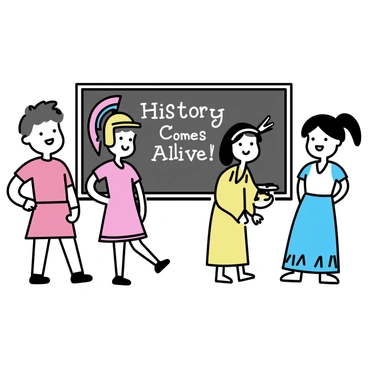 A group of school kids stands together in a classroom, each wearing different historical costumes. One child is dressed as a Roman soldier with a red tunic and a helmet. Another child is wearing a long dress with a corset, representing a woman from the Victorian era. A third child is dressed as a Native American with a feathered headdress and colorful clothing. Behind them, a blackboard displays the text "History Comes Alive!" in chalk. The children are smiling and engaging with one another, excited about their presentation.