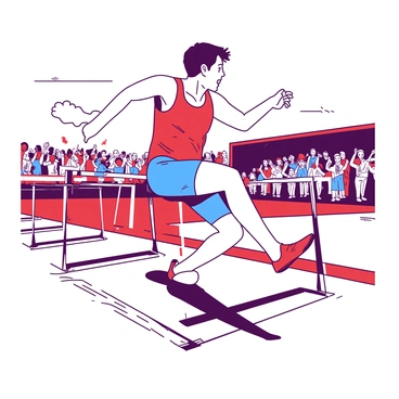 An athlete wearing a bright red jersey and blue shorts is captured mid-air, kicking through a series of white hurdles. The athlete's determined expression is visible as they focus on clearing the next obstacle. In the background, a cheering crowd is blurred, emphasizing the intensity of the moment. The sun is shining brightly, casting sharp shadows on the track, enhancing the sense of motion and excitement in the air.