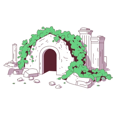 A white empty tomb is located in the center of a scene filled with ancient stone ruins. The tomb is made of weathered stone, and its entrance is slightly ajar, revealing shadows inside. Around the tomb, large green vines are creeping over the stones, curling around the edges and hanging down from the structure. Fragments of broken columns and scattered stones are visible on the ground, hinting at the passage of time. The atmosphere is quiet, with the ruins enveloped in a sense of history and mystery.