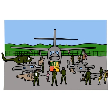An army airfield filled with a variety of military helicopters and planes on the tarmac. Several ground crew members are actively working around the aircraft, wearing camouflage uniforms and helmets. Some crew members are inspecting the helicopters, while others are loading supplies into a large military transport plane. The sky is clear blue, and the airfield is surrounded by green fields and fencing, showcasing a sense of operation and teamwork.